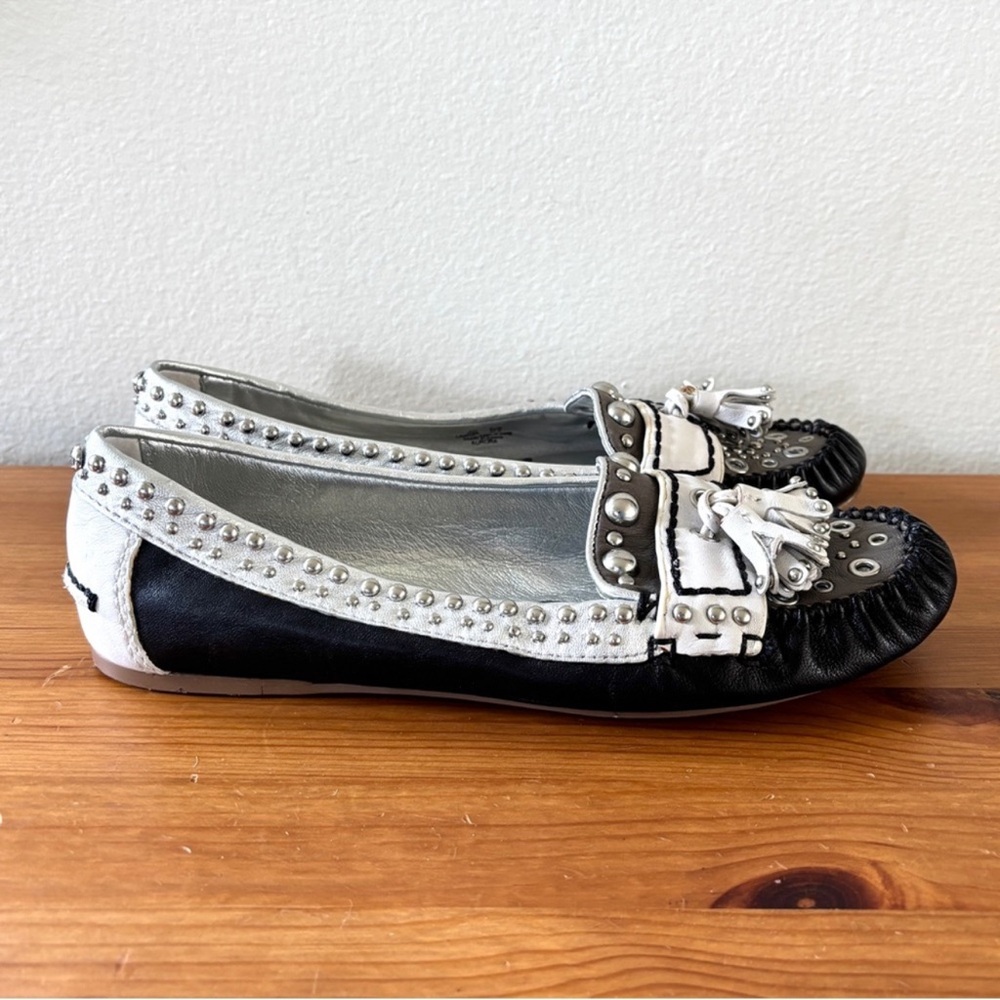 Sam Edelman Aurora black metallic silver studded white grey leather moccasins